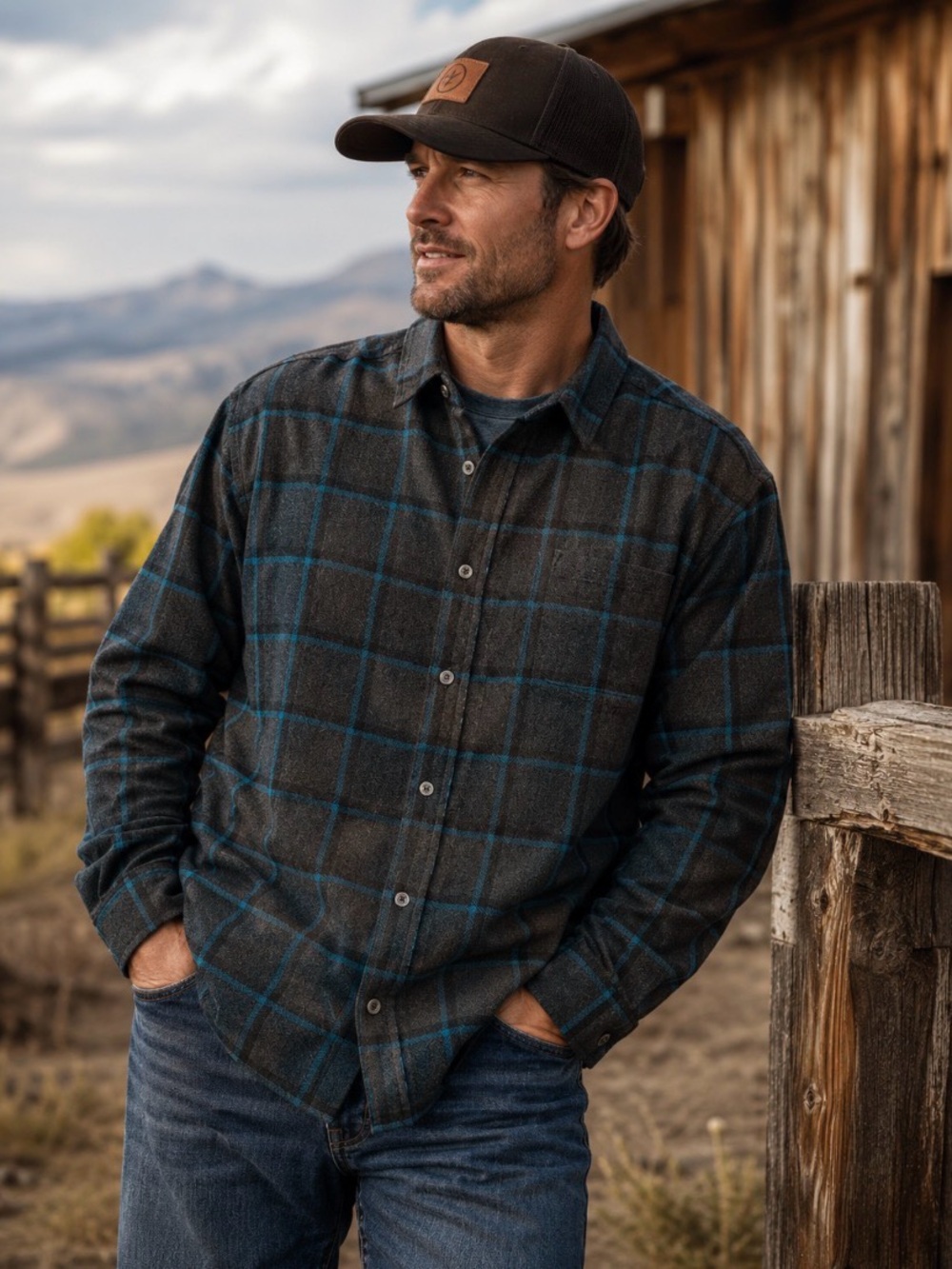 Prana Men's Grey/Teal Plaid Button-Up 100% Cotton Flannel size XL